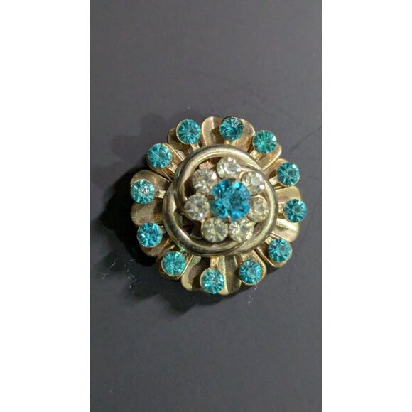 Vintage Floral Brooch  Blue & Clear Rhinestones Retro  Jewelry Pin Gold tone - Picture 4 of 6